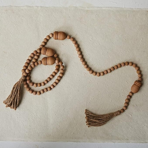 72"L WOOD BEAD GARLAND W/ ACORNS & JUTE TASSELS