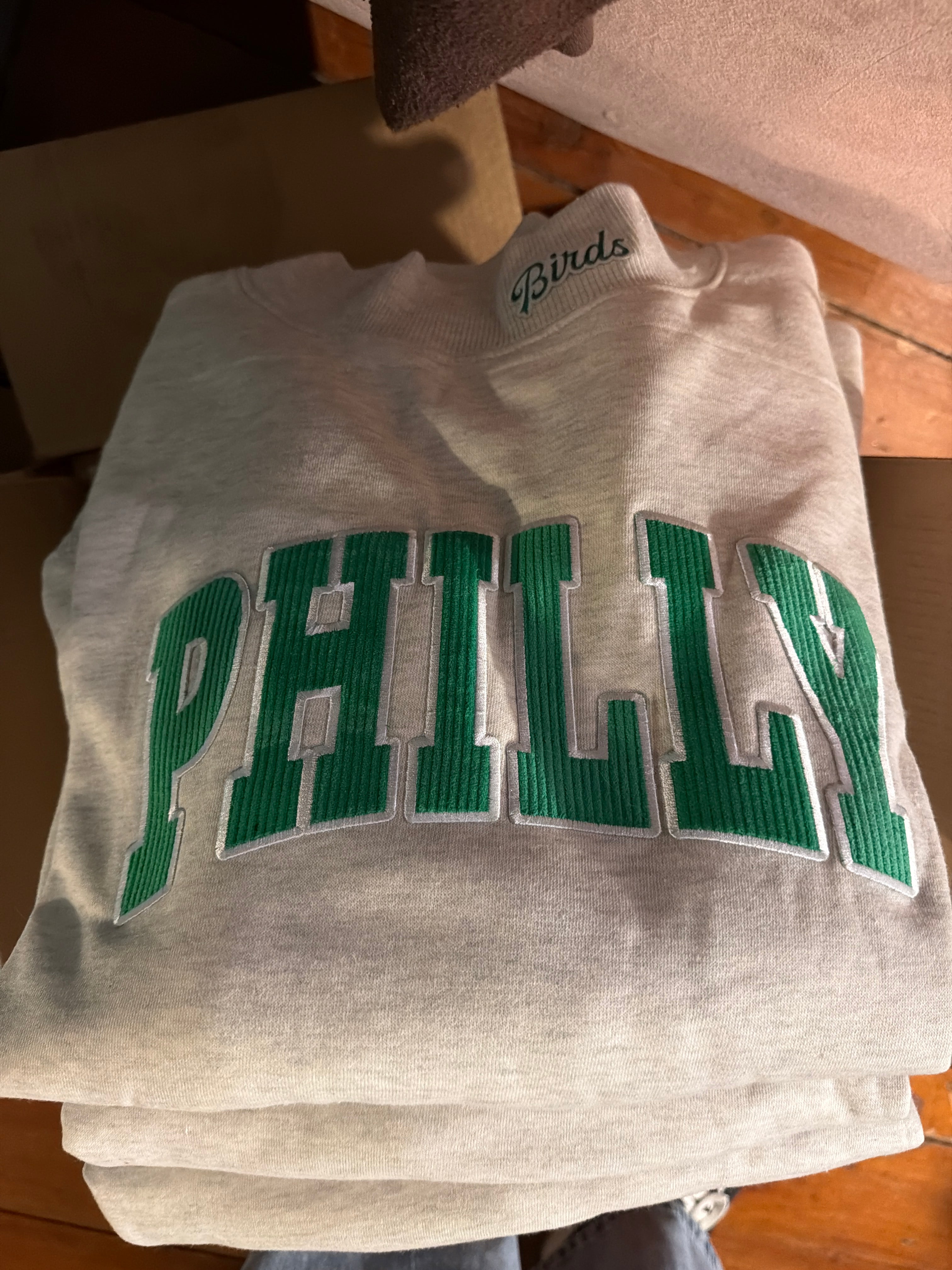 Mock Neck Birds Detail Ribbed Philly Font Sweatshirt