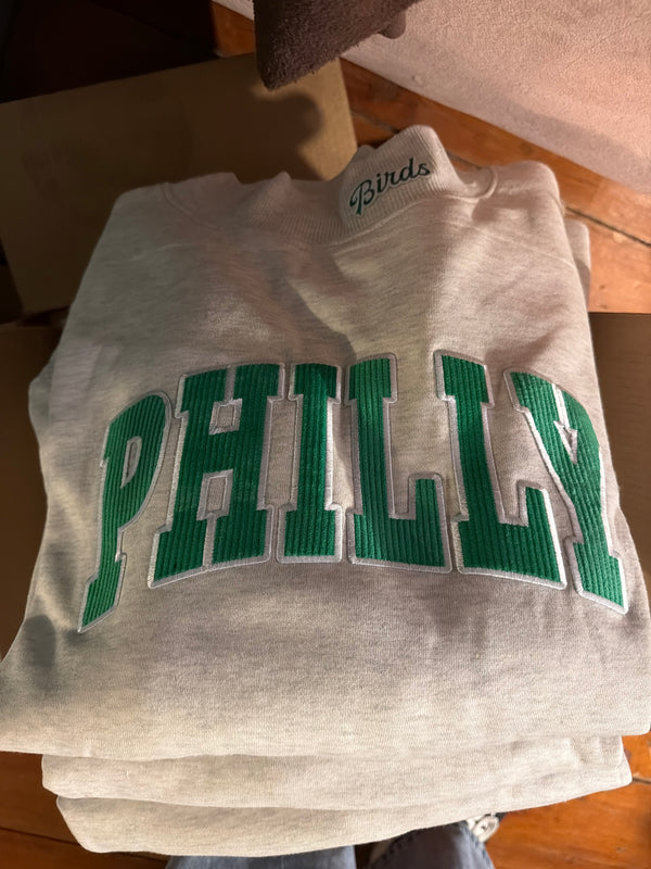 Mock Neck Birds Detail Ribbed Philly Font Sweatshirt