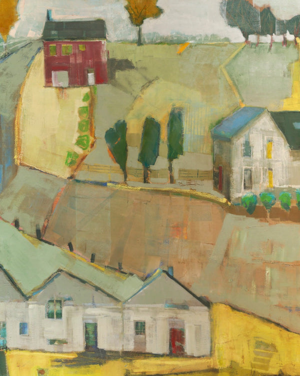 Two dimensional summer portrait painting of countryside featuring a maroon house. Done by Pennsylvania contemporary female artist, Carol Lesher.