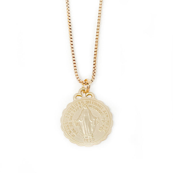 18" NON-TARNISH BOX CHAIN NECKLACE WITH MATTE GOLD MIRACULOUS MEDAL