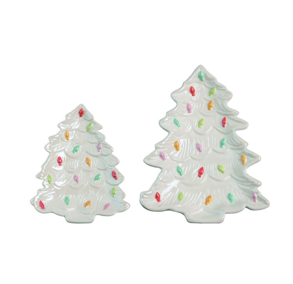 CERAMIC IRIDESCENT HOLIDAY TREE PLATE WHITE