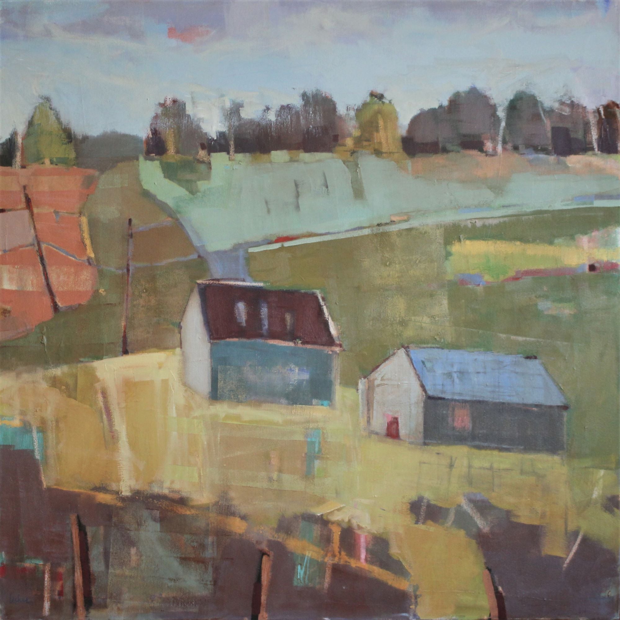 Square 8x8 print sold with off-white matting for a 12x12 finish.   Two dimensional summer portrait painting of countryside featuring somber farmhouses. Done by Pennsylvania contemporary female artist, Carol Lesher.