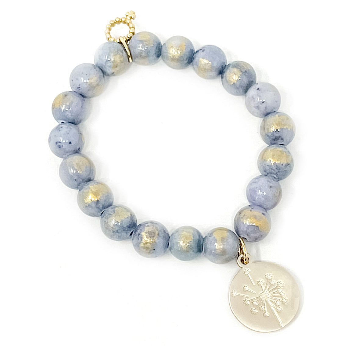 10MM GREY ANGEL KISS AGATE BRACELET WITH GOLD DANDELION