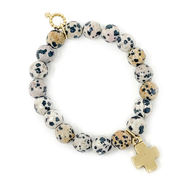 10MM FACETED DALMATIAN JASPER BRACELET WITH PETITE GOLD CROSS