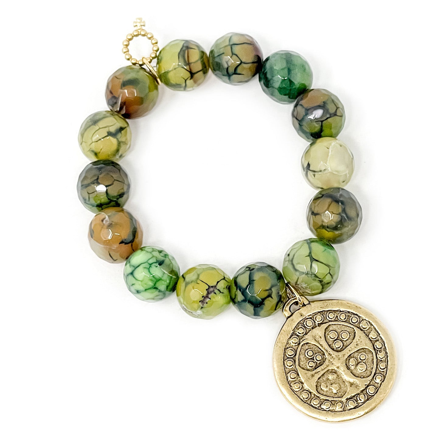 14MM FACETED EVERGLADES AGATE BRACELET WITH GOLD DOTTED CROSS