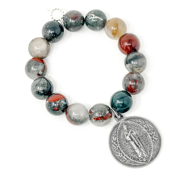 14MM SEQUOIA JASPER BRACELET WITH ANTIQUE SILVER QUEEN OF HEAVEN