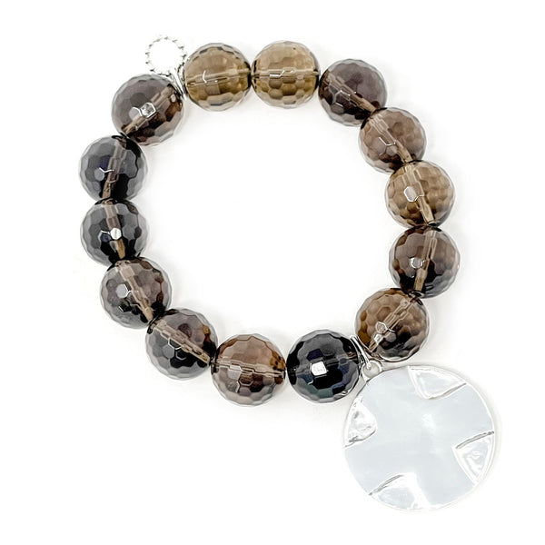 14MM FACETED SMOKY QUARTZ BRACELET WITH MATTE SILVER LORD'S PRAYER CROSS