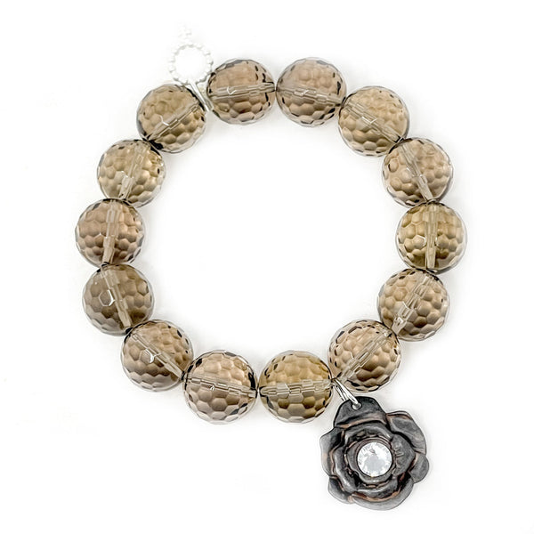 14MM FACETED SMOKY QUARTZ BRACELET WITH DARK BRONZE FLOWER AND CRYSTAL