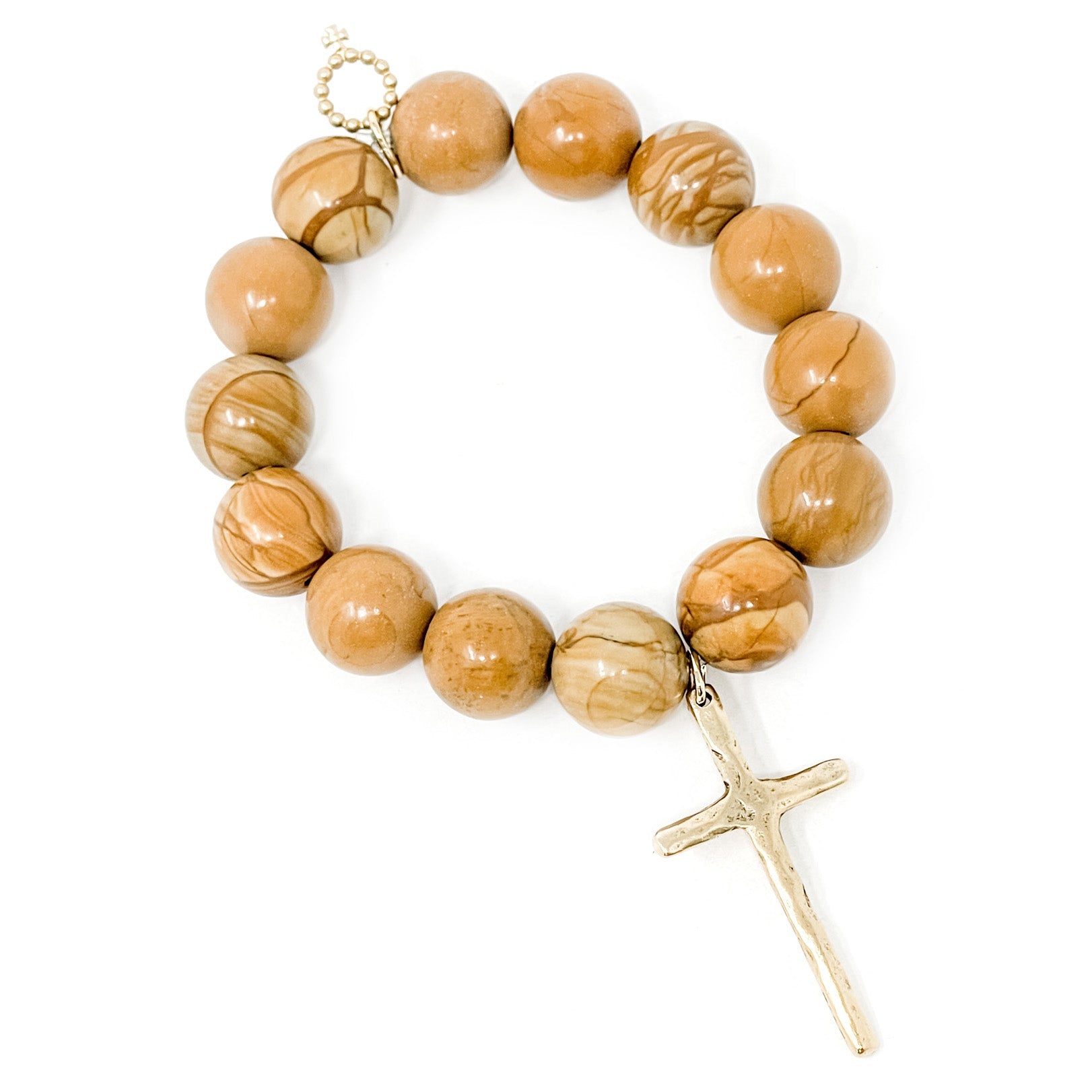 14MM WOOD JASPER BRACELET WITH GOLD RUSTIC CROSS