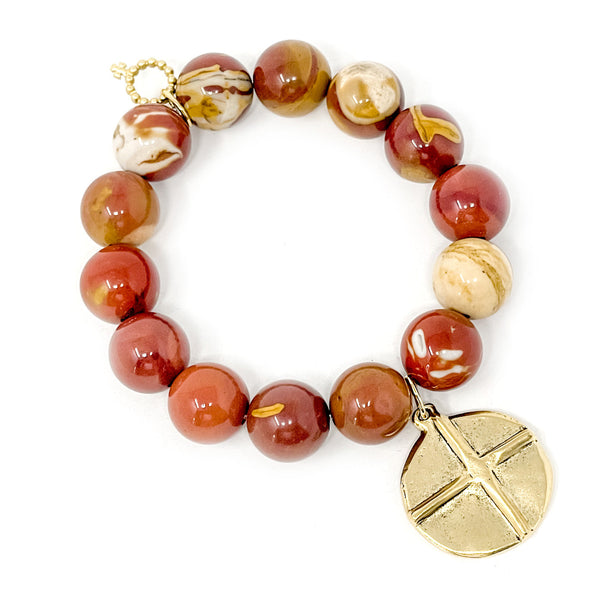 14MM MOOKAITE BRACELET WITH MATTE GOLD CROSS & HEART