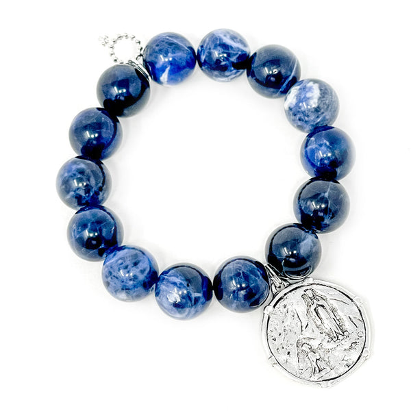 14MM DUMORTIERITE BRACELET WITH SILVER LOURDES