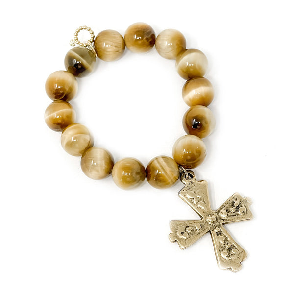 14MM SUNKISSED TIGER EYE BRACELET WITH LARGE GOLD DOTTED CROSS