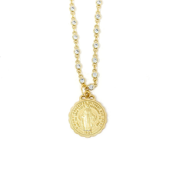 18" CRYSTAL BEZEL NECKLACE WITH GOLD CLASSIC MIRACULOUS MEDAL