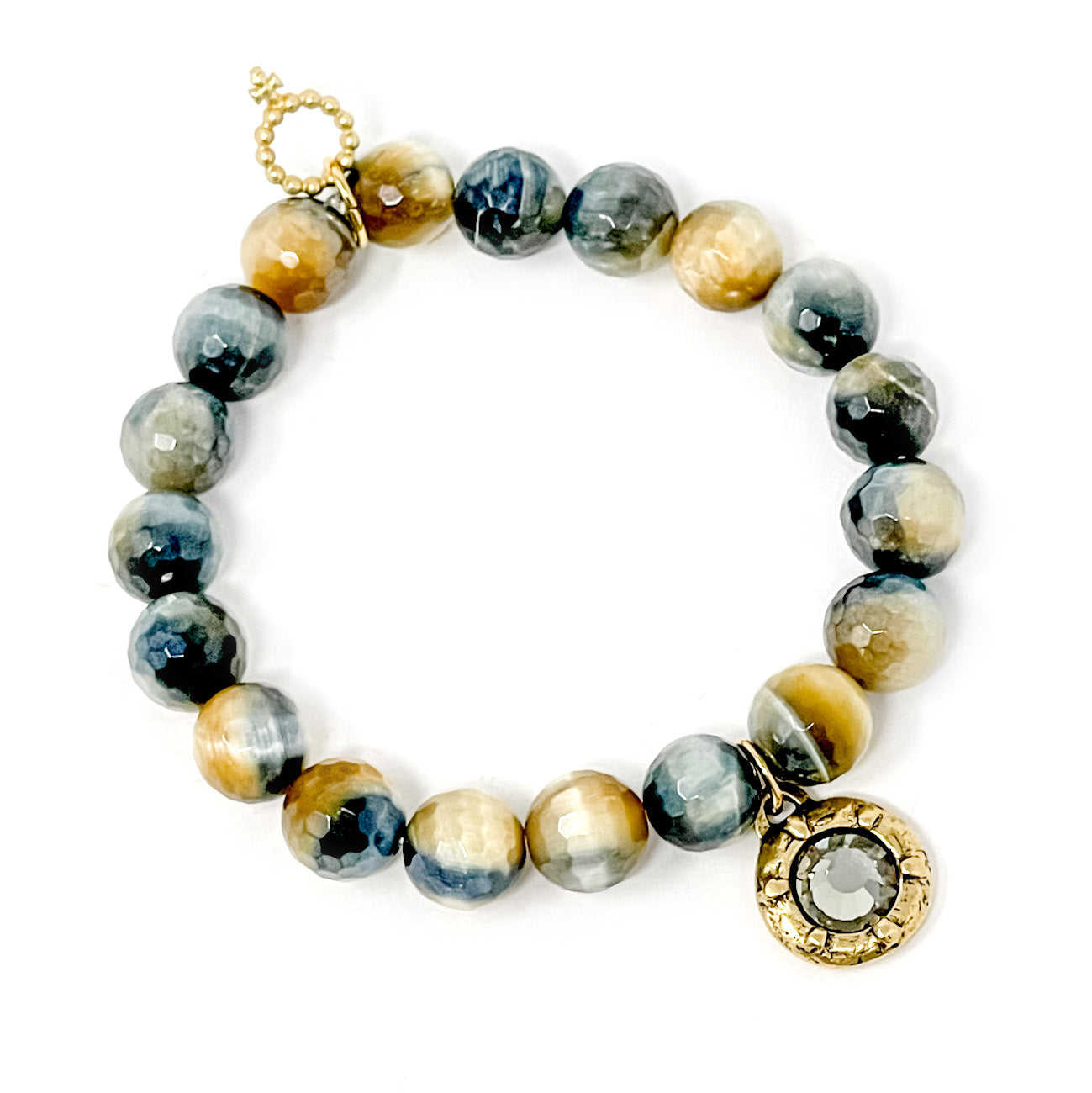 10MM FACETED CARAMEL LATTE TIGER EYE BRACELET WITH GREY CRYSTAL DROPLET