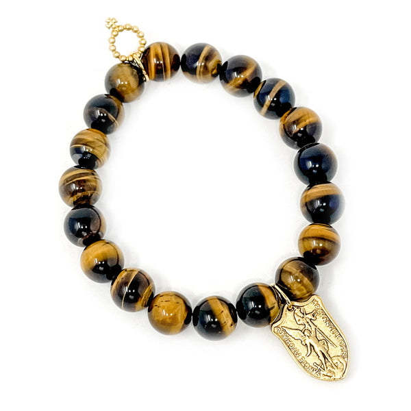 10MM TIGER EYE BRACELET WITH GOLD ST. MICHAEL SHIELD