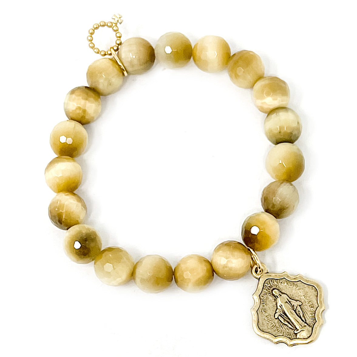 10MM FACETED SUNKISSED TIGER EYE BRACELET WITH GOLD SHIELD BLESSED MOTHER