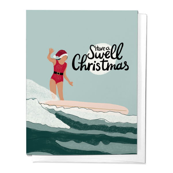 HAVE A SWELL CHRISTMAS HOLIDAY SURF GIRL GREETING CARD