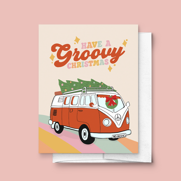 HAVE A GROOVY CHRISTMAS, HIPPIE VAN HOLIDAY GREETING CARD