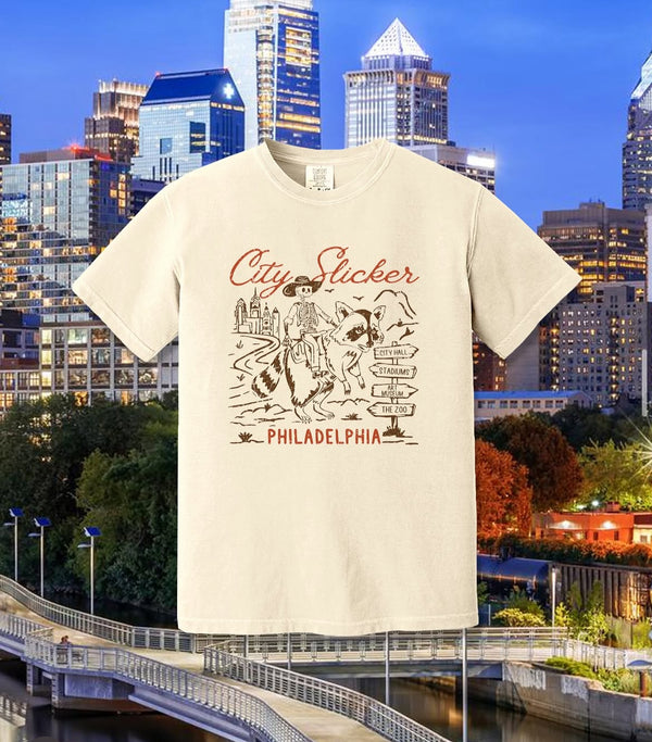 CITY SLICKER, RACCOON SKELETON PHILADELPHIA CREAM T-SHIRT