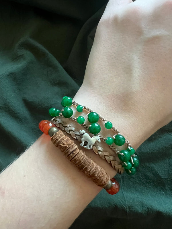 BRAIDED LEATHER BRACELET W/ SILVER HORSE