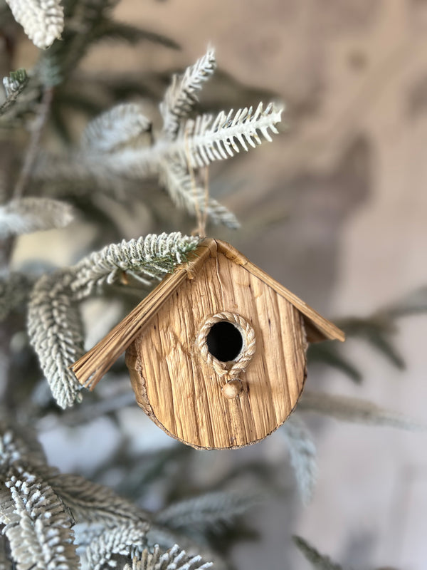 HANDMADE WOOD & GRASS BIRDHOUSE ORNAMENT