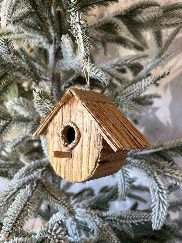 HANDMADE WOOD & GRASS BIRDHOUSE ORNAMENT