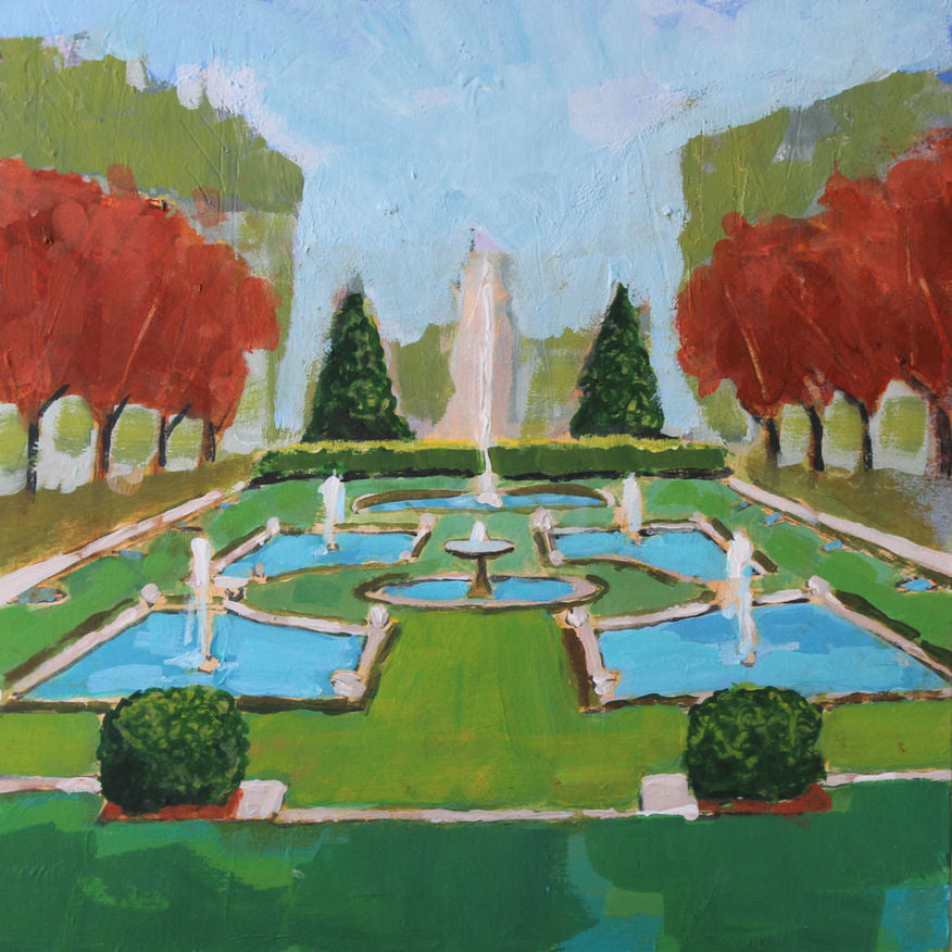 An impressionistic painting of a formal garden with a central fountain, blue water pools, green hedges and lawn, red trees on both sides, and a pale blue sky.