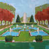 An impressionistic painting of a formal garden with a central fountain, blue water pools, green hedges and lawn, red trees on both sides, and a pale blue sky.