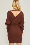 OFF SHOULDER WRAP BELTED RIBBED KNIT DRESS