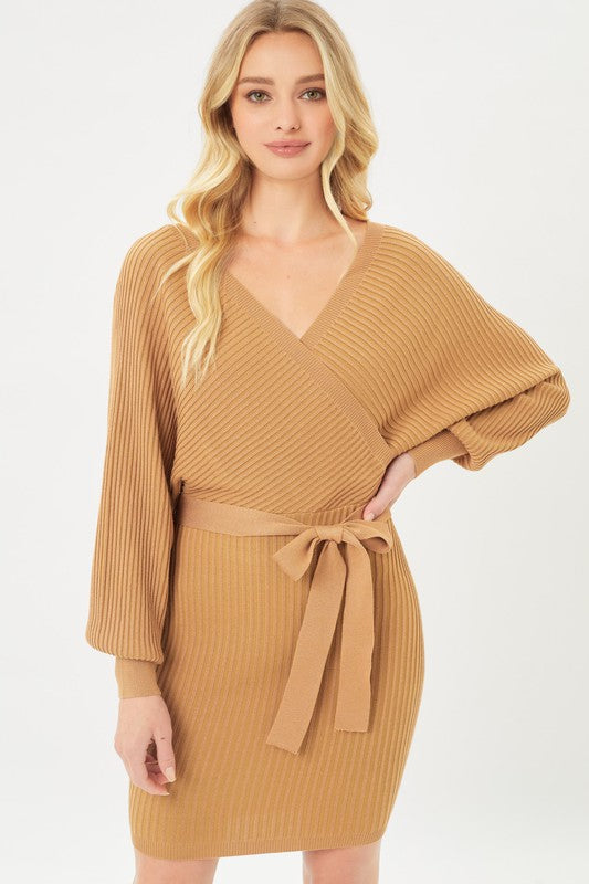 OFF SHOULDER WRAP BELTED RIBBED KNIT DRESS