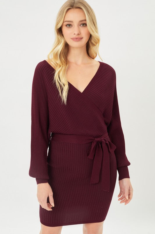 OFF SHOULDER WRAP BELTED RIBBED KNIT DRESS