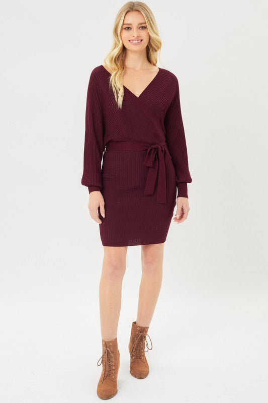 OFF SHOULDER WRAP BELTED RIBBED KNIT DRESS