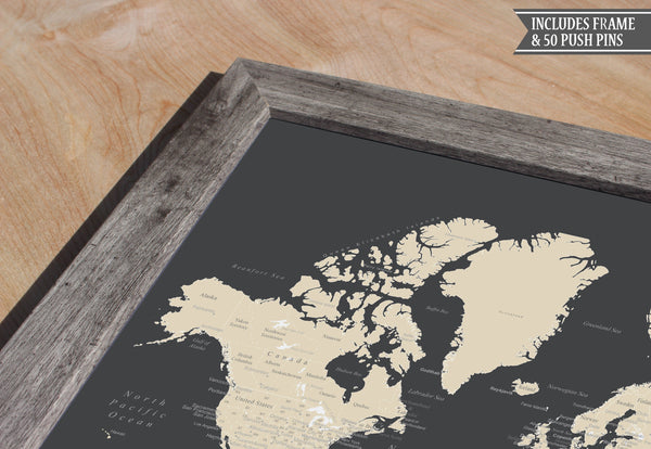 FRAMED WORLD PUSH PIN MAP - CHARCOAL GREY