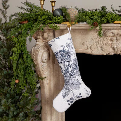 QUILTED COTT\ON PRINTED STOCKING W/ BOTANICAL PRINT, WHITE & BLUE