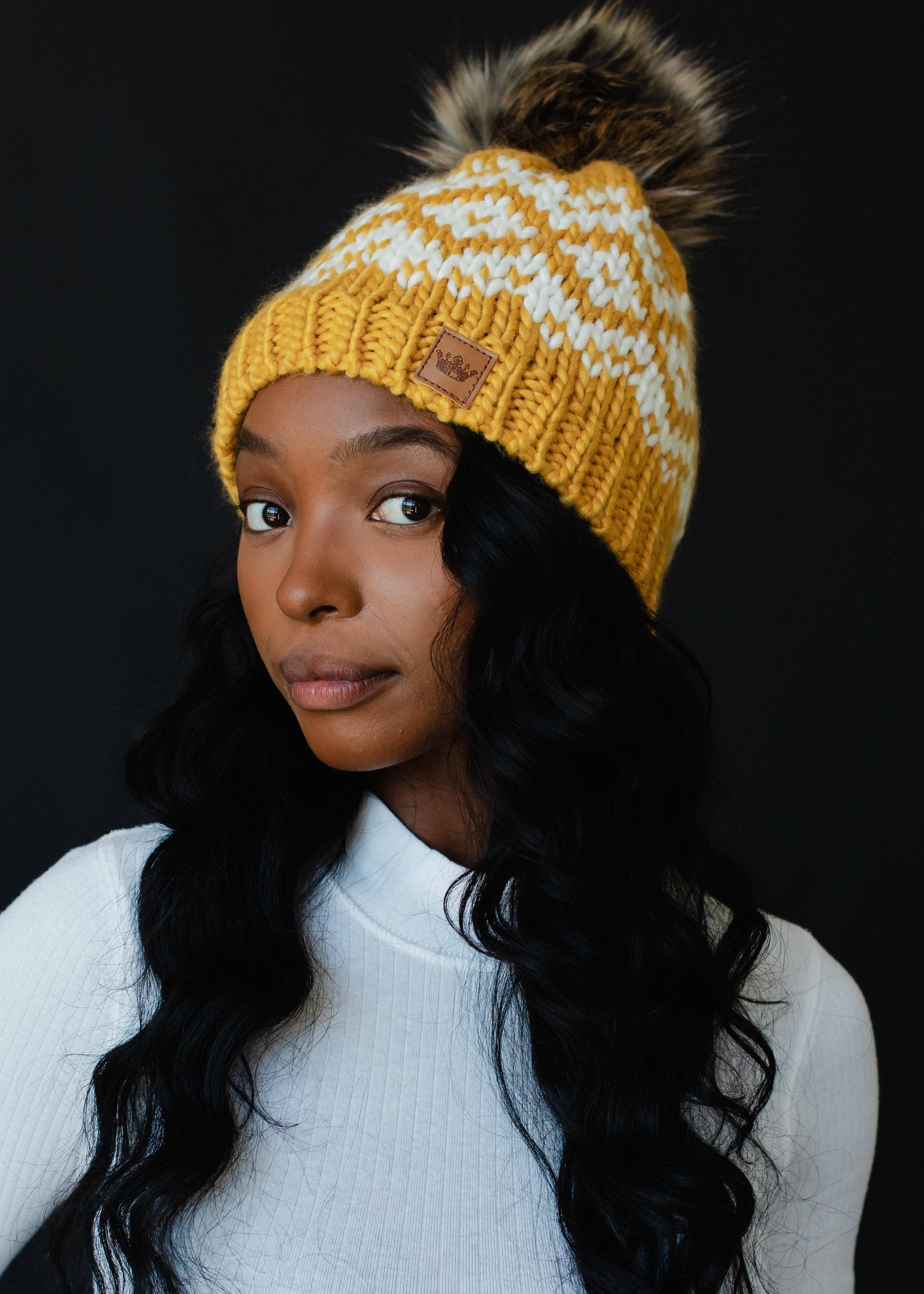 MUSTARD & WHITE PATTERNED POM HAT