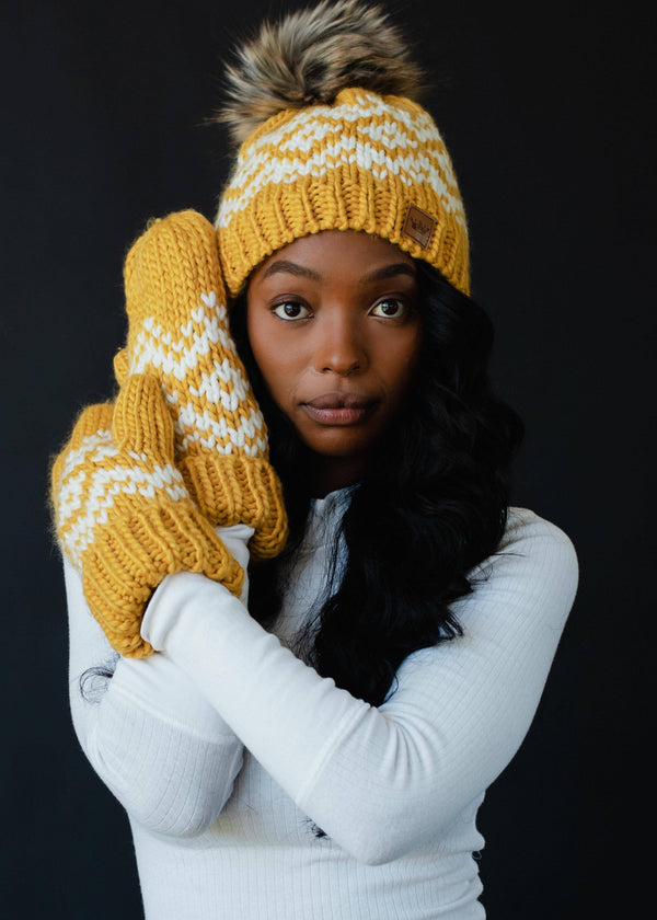 MUSTARD & WHITE PATTERNED POM HAT