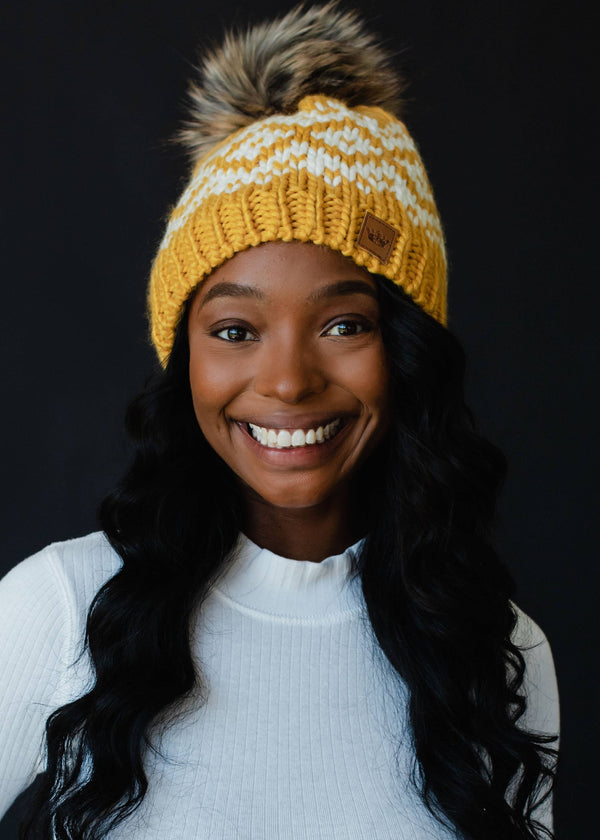 MUSTARD & WHITE PATTERNED POM HAT