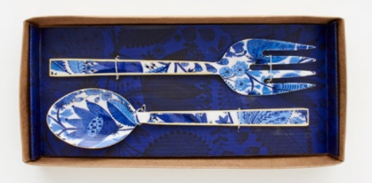 BLUE AND WHITE BOTANICAL PRINT ENAMEL SALAD SERVER SET