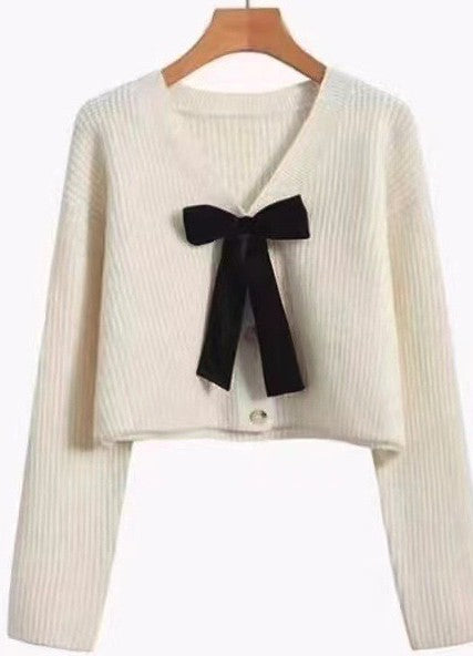 BOW TIE V-NECK CROPPED CARDIGAN