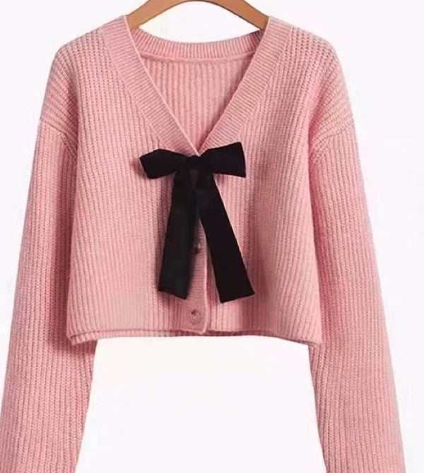 BOW TIE V-NECK CROPPED CARDIGAN