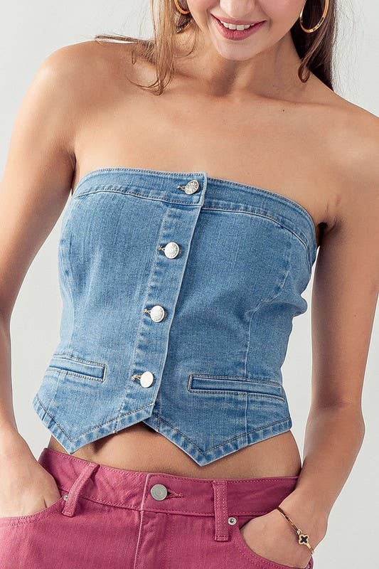 SALE-BUTTON FRONT CROP DENIM TUBE TOP-SALE