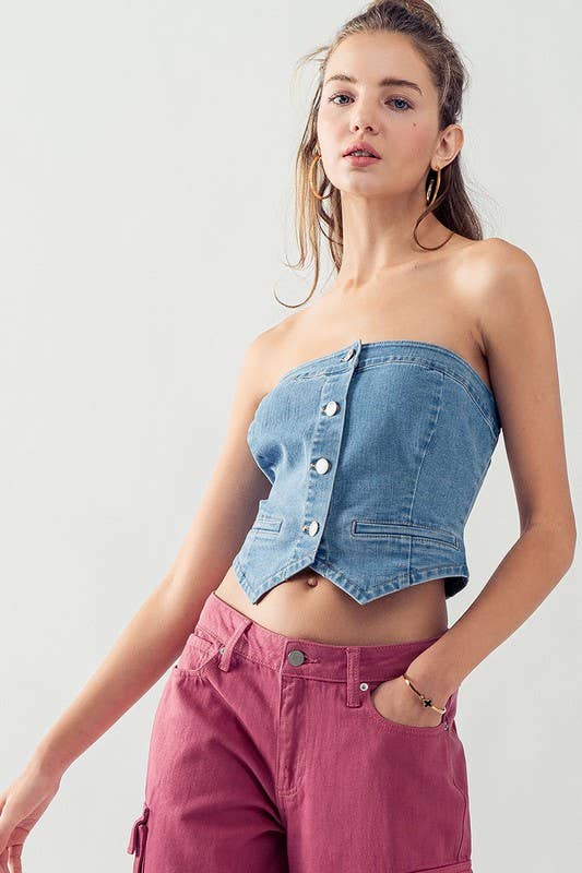 SALE-BUTTON FRONT CROP DENIM TUBE TOP-SALE