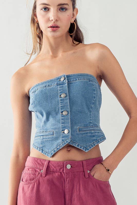 SALE-BUTTON FRONT CROP DENIM TUBE TOP-SALE