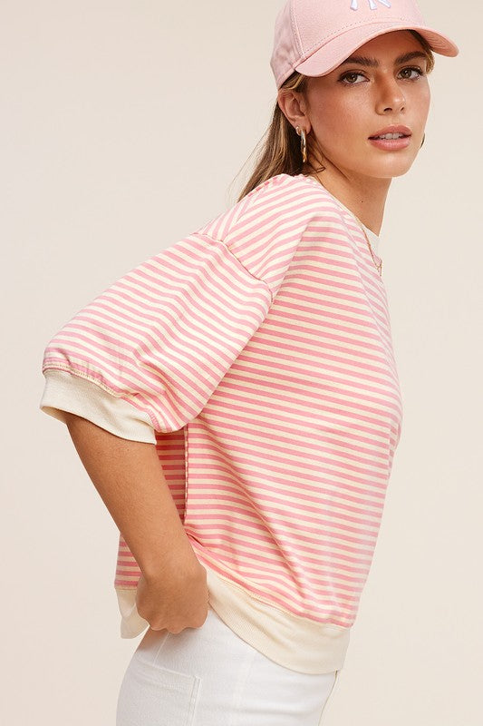 CREW NECK STRIPE SHORT SLEEVE TOP