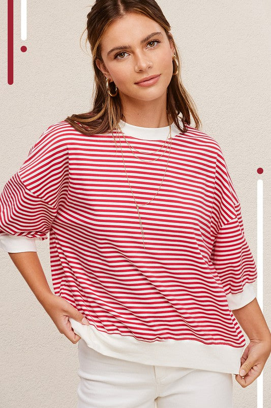 CREW NECK STRIPE SHORT SLEEVE TOP