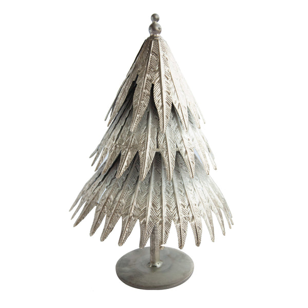 EMBOSSED METAL TREE ON STAND, DISTRESSED PEWTER FINISH