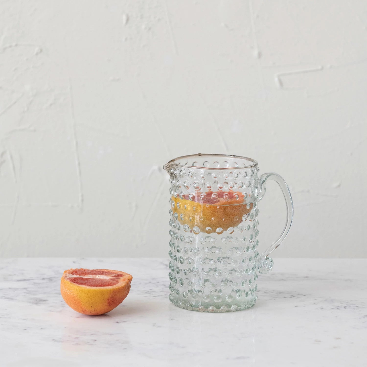 HAND-BLOWN CLEAR GLASS HOBNAIL PITCHER