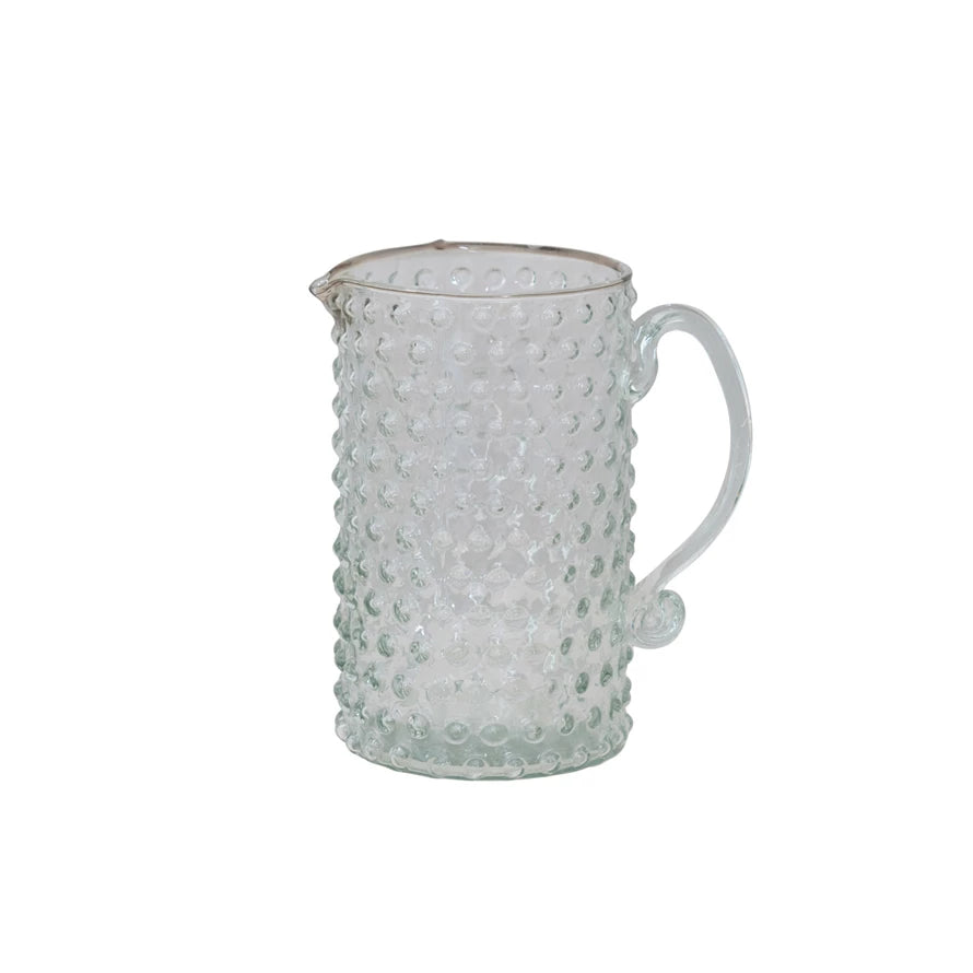 HAND-BLOWN CLEAR GLASS HOBNAIL PITCHER