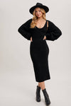 V-NECK KNIT MIDI DRESS & SHRUG SET, BLACK